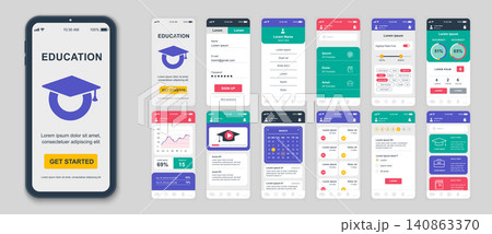 Set of UI, UX, GUI screens Education app flat design template for mobile apps, responsive website wireframes. Web design UI kit. Education Dashboard. Set of UI, UX, GUI screens Education app flat design template for mobile apps, responsive website wireframes. Web design UI kit. Education Dashboard. 140863370