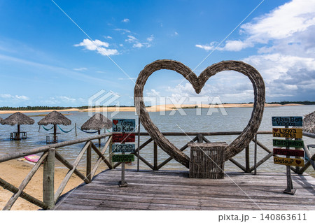 Jericoacoara, Brazil - Jan 23, 2026: Straw huts on the banks of the Torta Lagoon, Tatajuba Beach at Jijoca de Jericoacoara, Brazil 140863611