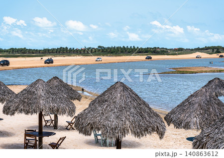 Jericoacoara, Brazil - Jan 23, 2026: Straw huts on the banks of the Torta Lagoon, Tatajuba Beach at Jijoca de Jericoacoara, Brazil Jericoacoara, Brazil - Jan 23, 2026: Straw huts on the banks of the Torta Lagoon, Tatajuba Beach at Jijoca de Jericoacoara, Brazil 140863612