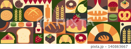 Geometric food pattern. Bread and pastries background. Abstract bakery menu background with Bauhaus style. Geometric pattern bread, croissant, donut. Geometric food pattern. Bread and pastries background. Abstract bakery menu background with Bauhaus style. Geometric pattern bread, croissant, donut. 140863667