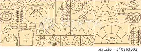 Bread and pastries background. Abstract bakery menu background with line drawing. Geometric pattern bread, croissant, donut. Geometric food pattern. 140863692