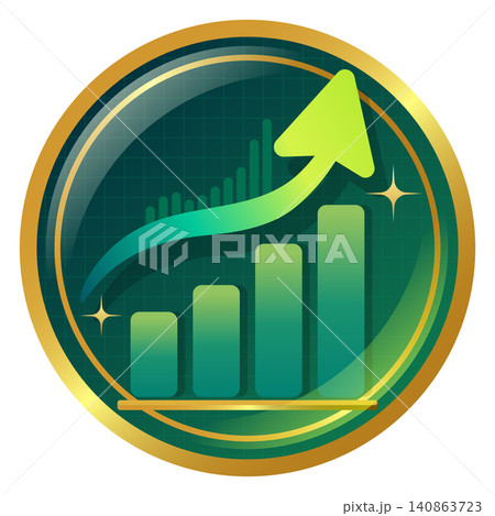 Green Financial Growth Bar Chart Icon with Upward Arrow and Gold Rim Green Financial Growth Bar Chart Icon with Upward Arrow and Gold Rim 140863723
