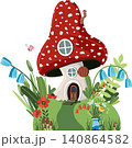 Fairy Mushroom House Surrounded by Flowers and Forest Plants. Cute Fantasy Vector Illustration 140864582