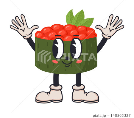 Cheerful sushi roll mascot. Cute sushi roll character with salmon roe topping, raised hands and smiling face flat vector illustration. Japanese food cartoon icon 140865327