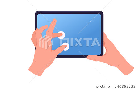 Hands holding tablet. Human hands using digital tablet in landscape orientation flat vector illustration. Touchscreen device mockup isolated on white background Hands holding tablet. Human hands using digital tablet in landscape orientation flat vector illustration. Touchscreen device mockup isolated on white background 140865335