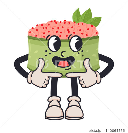 Happy sushi mascot. Cute sushi roll character with salmon roe topping, smiling face, arms and legs isolated on white background flat vector illustration. Japanese food cartoon icon 140865336