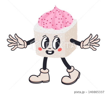 Lava roll mascot. Cute sushi character with pink topping, arms, legs and smiling face flat vector illustration. Japanese food cartoon icon isolated on white background 140865337