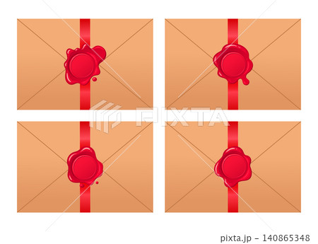 Sealed envelopes collection. Paper envelopes with red wax seals flat vector illustration set. Postal correspondence icons isolated on white background Sealed envelopes collection. Paper envelopes with red wax seals flat vector illustration set. Postal correspondence icons isolated on white background 140865348