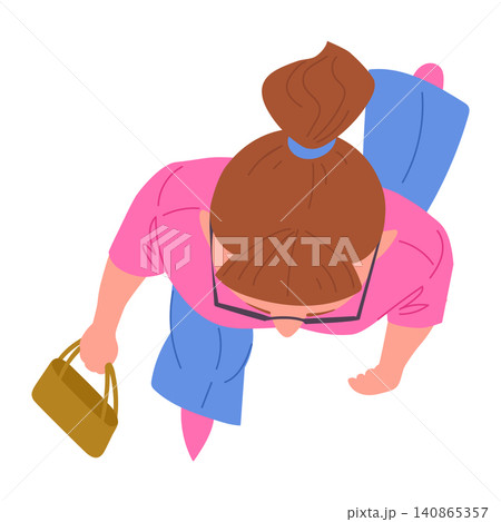 Walking woman top view . Overhead view of woman carrying shopping bag flat vector illustration. Female top view character isolated on white background Walking woman top view . Overhead view of woman carrying shopping bag flat vector illustration. Female top view character isolated on white background 140865357