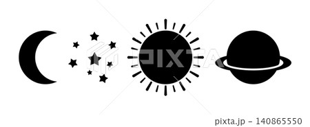 Set of 4 celestial shapes, crescent moon sun stars and planet, flat black silhouette, without background Set of 4 celestial shapes, crescent moon sun stars and planet, flat black silhouette, without background 140865550