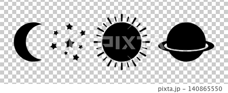Set of 4 celestial shapes, crescent moon sun stars and planet, flat black silhouette, without background Set of 4 celestial shapes, crescent moon sun stars and planet, flat black silhouette, without background 140865550