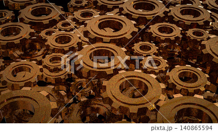Industrial Metal Gears In Endless Mechanical Motion 3d render. 140865594