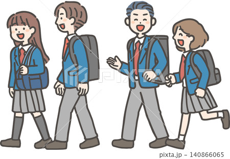 おしゃべりして歩く冬制服の学生4人（中学生・高校生） 140866065