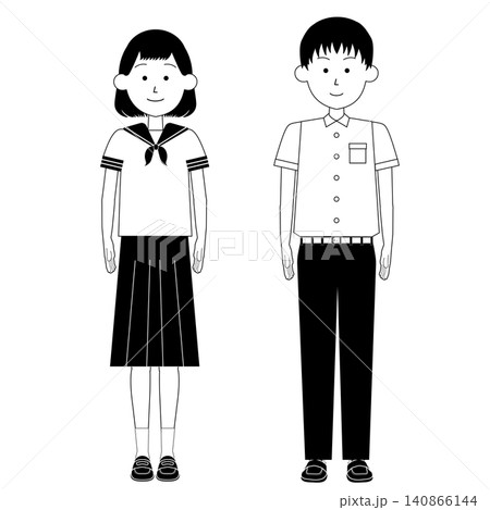 春夏用のセーラー服・学生服などの制服を着た10代の女の子と男の子_全身イラスト_白黒 春夏用のセーラー服・学生服などの制服を着た10代の女の子と男の子_全身イラスト_白黒 140866144