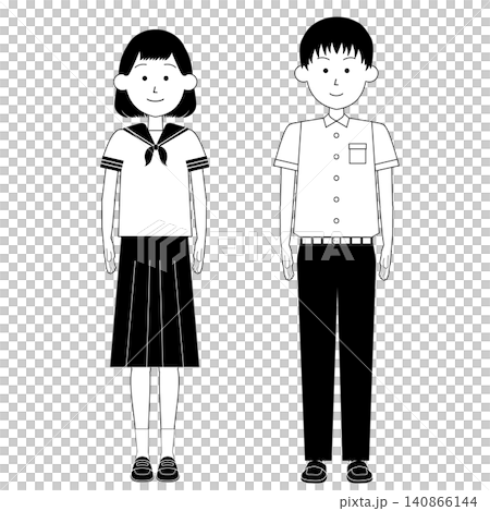 春夏用のセーラー服・学生服などの制服を着た10代の女の子と男の子_全身イラスト_白黒 春夏用のセーラー服・学生服などの制服を着た10代の女の子と男の子_全身イラスト_白黒 140866144
