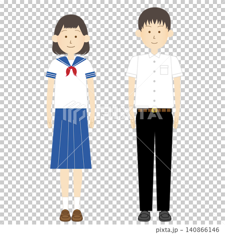 Full-body illustration of a teenage girl and boy wearing spring/summer school uniforms (sailor suit, student uniform, etc.) - Color. Full-body illustration of a teenage girl and boy wearing spring/summer school uniforms (sailor suit, student uniform, etc.) - Color. 140866146