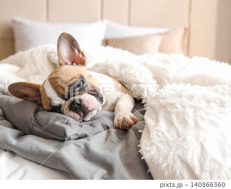 a small tiny french bulldog snuggled up in big bed 140866360