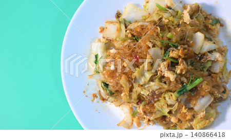 stir fried sukiyaki with egg and pork on white plate stir fried sukiyaki with egg and pork on white plate 140866418