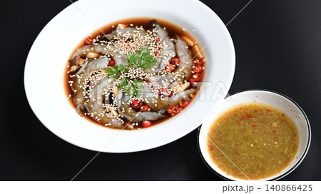 shrimp in soy sauce on white plate, korean style menu shrimp in soy sauce on white plate, korean style menu 140866425