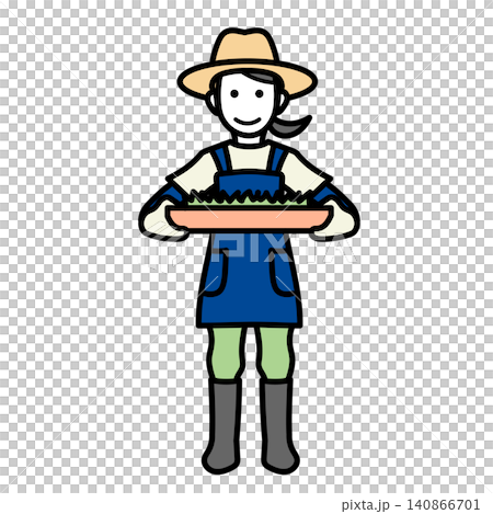 イラスト素材: 植物の苗が入ったトレイを持つ笑顔の若い女性農家の全身イラスト 140866701
