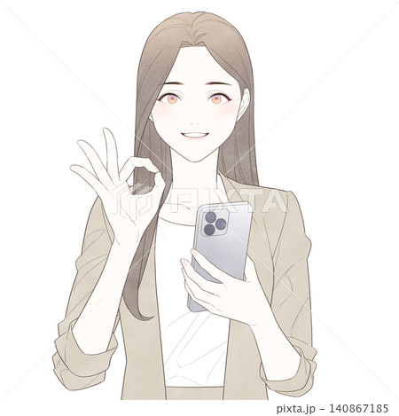 スマホを手に持ってOKサインを出す女性のイラスト 140867185