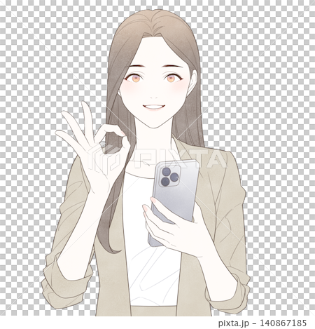 スマホを手に持ってOKサインを出す女性のイラスト 140867185