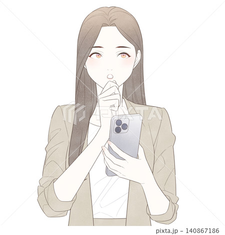 スマホを手に持って考える女性のイラスト スマホを手に持って考える女性のイラスト 140867186