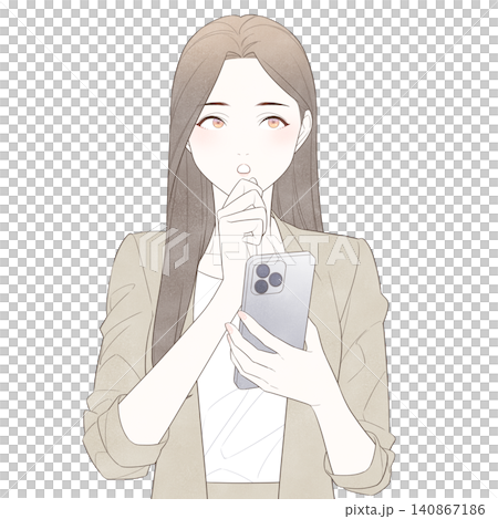 スマホを手に持って考える女性のイラスト スマホを手に持って考える女性のイラスト 140867186