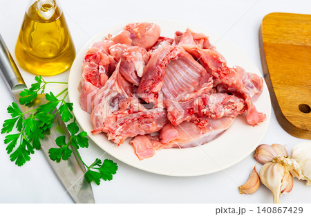 Top of view raw minced rabbit meat with herbs and spices Top of view raw minced rabbit meat with herbs and spices 140867429