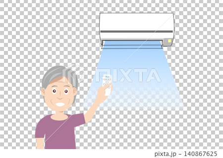 插圖描繪了一位老人使用空調調節室溫,以防止中暑的情景。 插圖描繪了一位老人使用空調調節室溫,以防止中暑的情景。 140867625