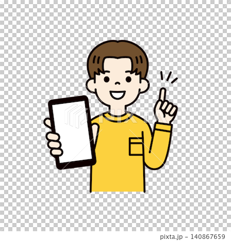 向量插圖，描繪了一位十幾歲或二十幾歲的男學生透過展示智慧型手機螢幕來講解要點。 140867659