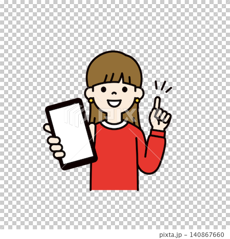 スマホの画面を大きく見せて笑顔で教える10代・20代の女性・女子学生の上半身ベクターイラスト素材 スマホの画面を大きく見せて笑顔で教える10代・20代の女性・女子学生の上半身ベクターイラスト素材 140867660