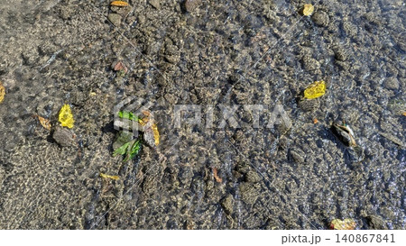 A horizontal high angle overhead perspective captures clear translucent water flowing over a rocky stream bed filled with pebbles, dark stones. Intricate ripples shimmer under bright afternoon 140867841