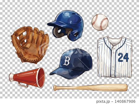 Illustrations of baseball (ball, bat, glove, uniform, etc.) 140867986