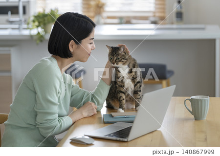 ノートパソコンで作業中に猫を撫でる30代の女性　在宅ワークイメージ 140867999