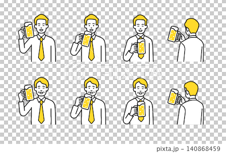 一組描繪上班族舉杯暢飲啤酒的插圖。 一組描繪上班族舉杯暢飲啤酒的插圖。 140868459