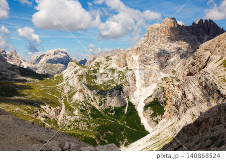 Panoramic view of the picturesque Dolomites mountains in Europe Panoramic view of the picturesque Dolomites mountains in Europe 140868524