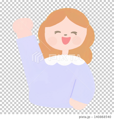 An illustration of a woman with a Scandinavian-style smile making a victory pose. 140868540