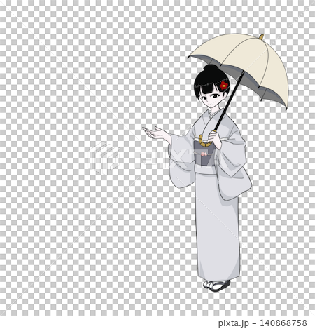 A woman in a kimono guides customers while holding a parasol; an image of summer hospitality. A woman in a kimono guides customers while holding a parasol; an image of summer hospitality. 140868758