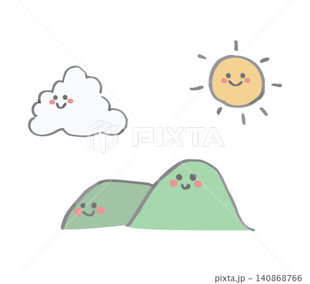 山と入道雲と太陽のゆるい手描きイラスト 山と入道雲と太陽のゆるい手描きイラスト 140868766