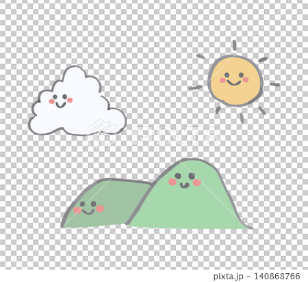 山と入道雲と太陽のゆるい手描きイラスト 山と入道雲と太陽のゆるい手描きイラスト 140868766