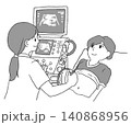 エコー検査（超音波検査）を受ける女性と検査技師のイラスト（白黒・モノクロ・手書き風・白背景JPG） 140868956