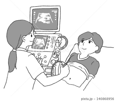 エコー検査（超音波検査）を受ける女性と検査技師のイラスト（白黒・モノクロ・手書き風・白背景JPG） 140868956