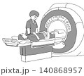 MRI検査を受ける患者とサポートする放射線技師のイラスト（白黒・モノクロ・手書き風・白背景JPG） 140868957