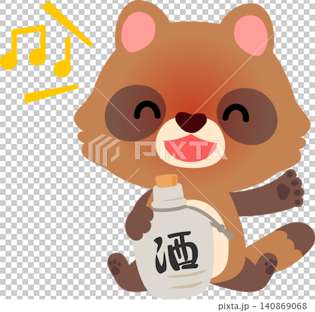 A character of a drunken raccoon dog holding a sake bottle. A character of a drunken raccoon dog holding a sake bottle. 140869068