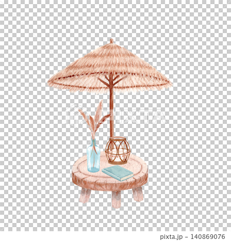 Watercolor boho beach decor with straw parasol, round wooden table, rattan lantern, blue glass vase, dried pampas grass and book. Tropical summer illustration isolated on white background 140869076