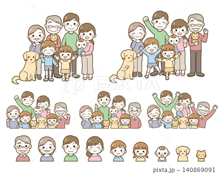 二世代家族7人+犬猫　イラストセット 140869091