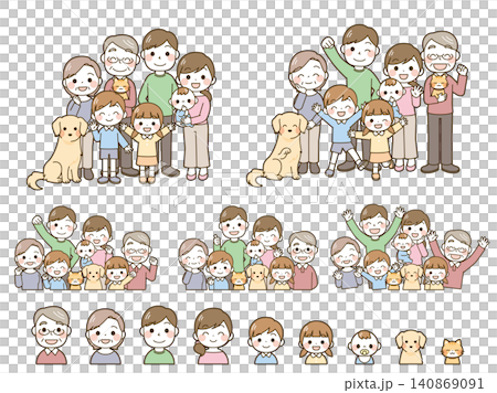 二世代家族7人+犬猫　イラストセット 140869091