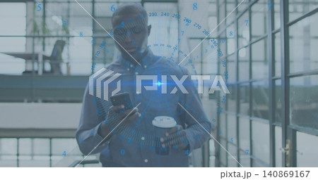 Holding man wearing shirt checking smartphone in office atrium, HUD overlay and coffee cup Holding man wearing shirt checking smartphone in office atrium, HUD overlay and coffee cup 140869167