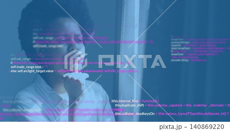 Sitting mid adult woman wearing collared shirt resting chin on hand near window, with code overlay Sitting mid adult woman wearing collared shirt resting chin on hand near window, with code overlay 140869220